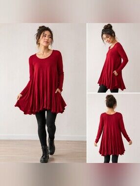 Jodifl | Flowy Red Long Sleeve Scoop Neck Tunic/Dress (SIZE S)